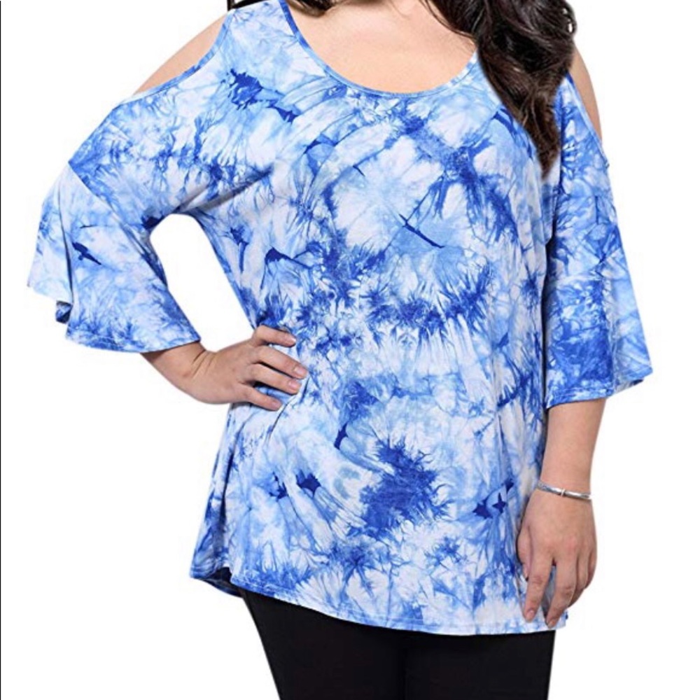 Super Soft Cold Shoulder Blue Tie Dyed Tee